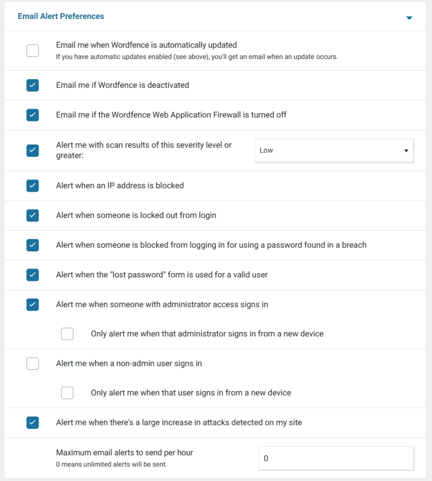 Wordfence Premium vs. Free: Wordfence email alert preferences.