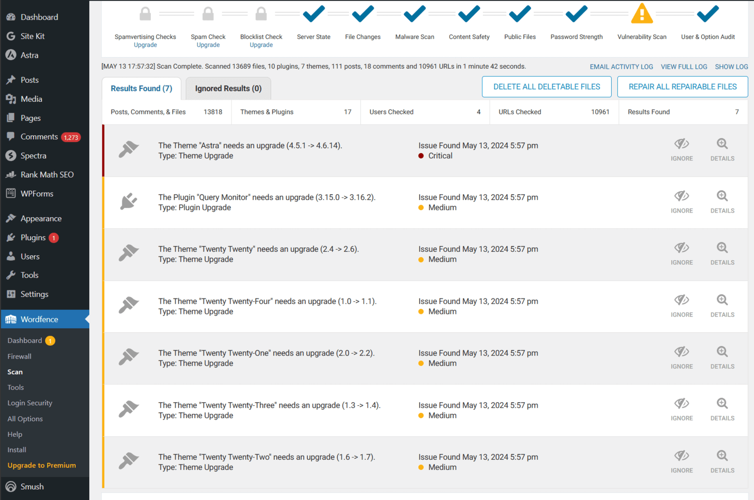 Website security: Delete all deletable files (or malware) with a single click with Wordfence security while securing the core files.