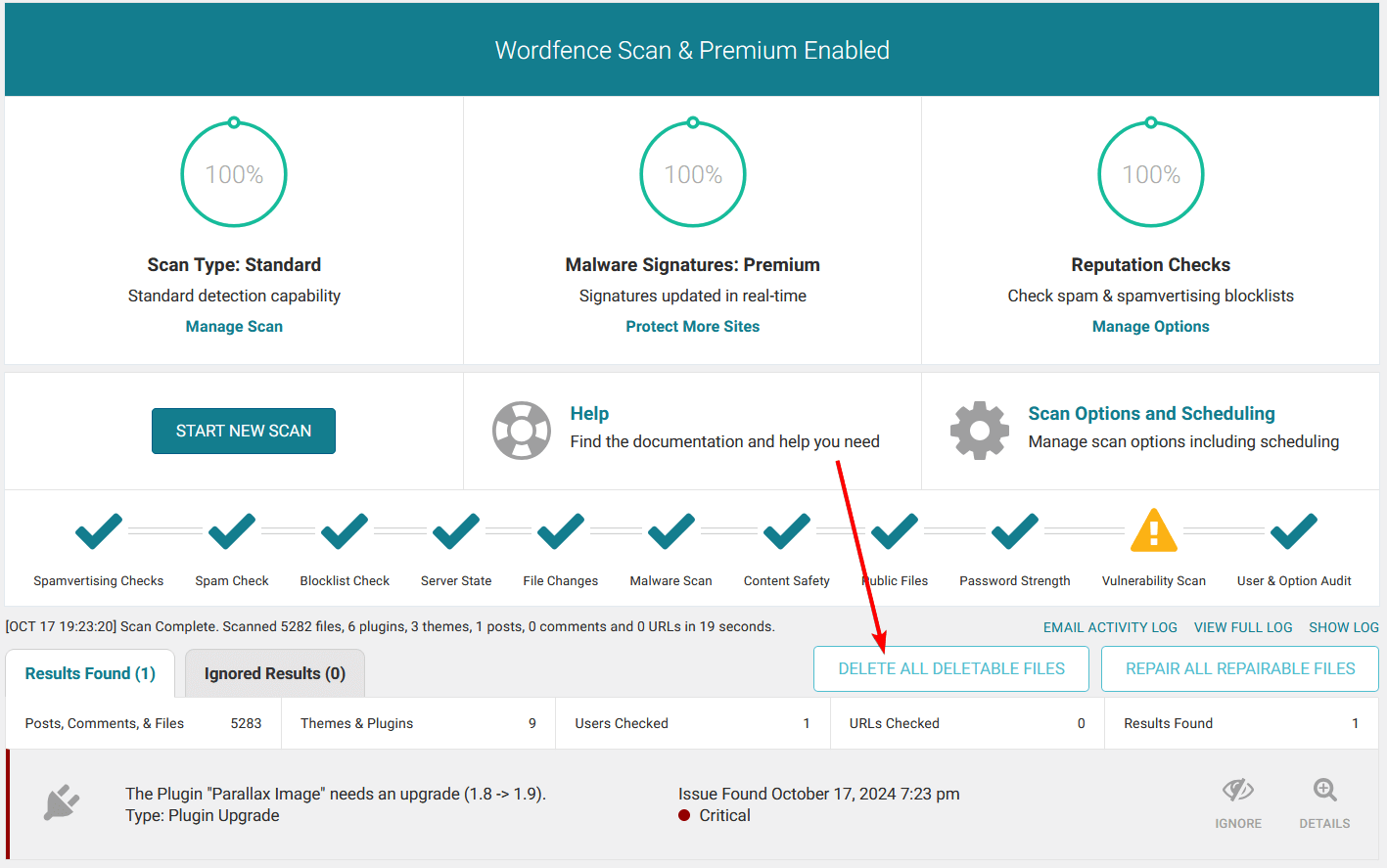 Wordfence lets users delete malware with a single click.