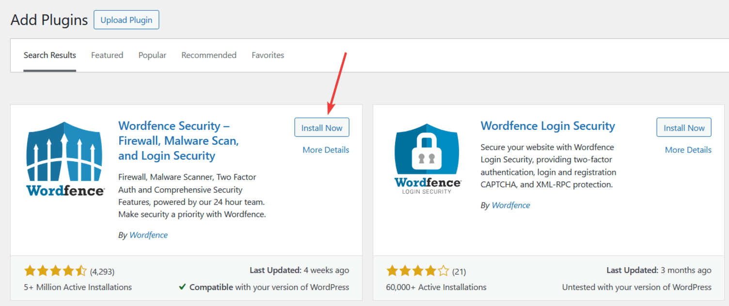 Wordfence installation via WordPress plugin repository.