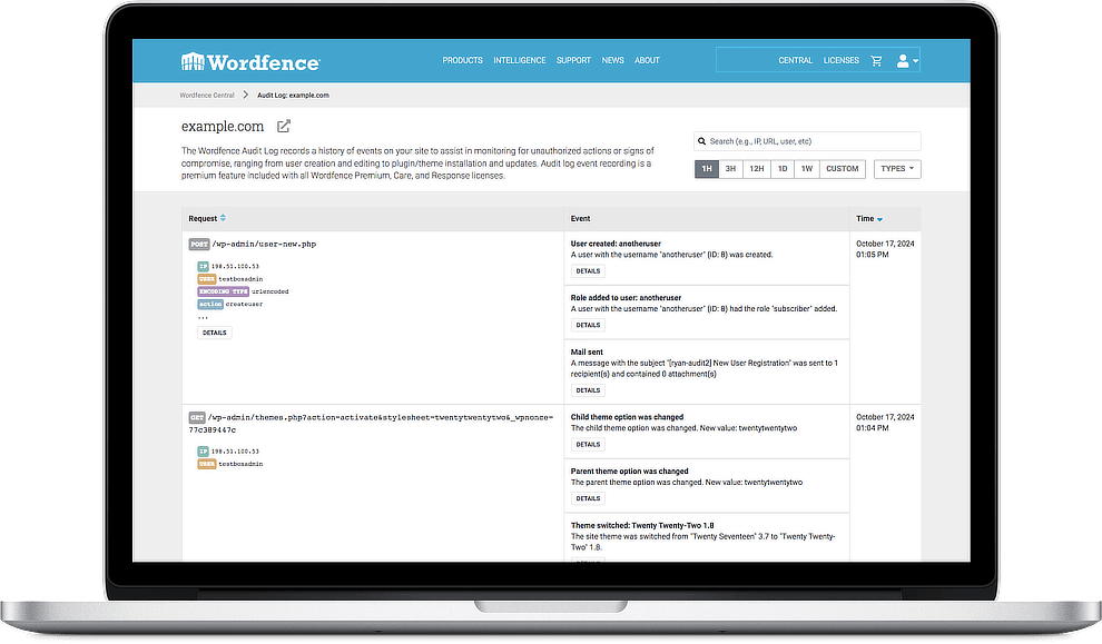 Wordfence Central's Audit Log