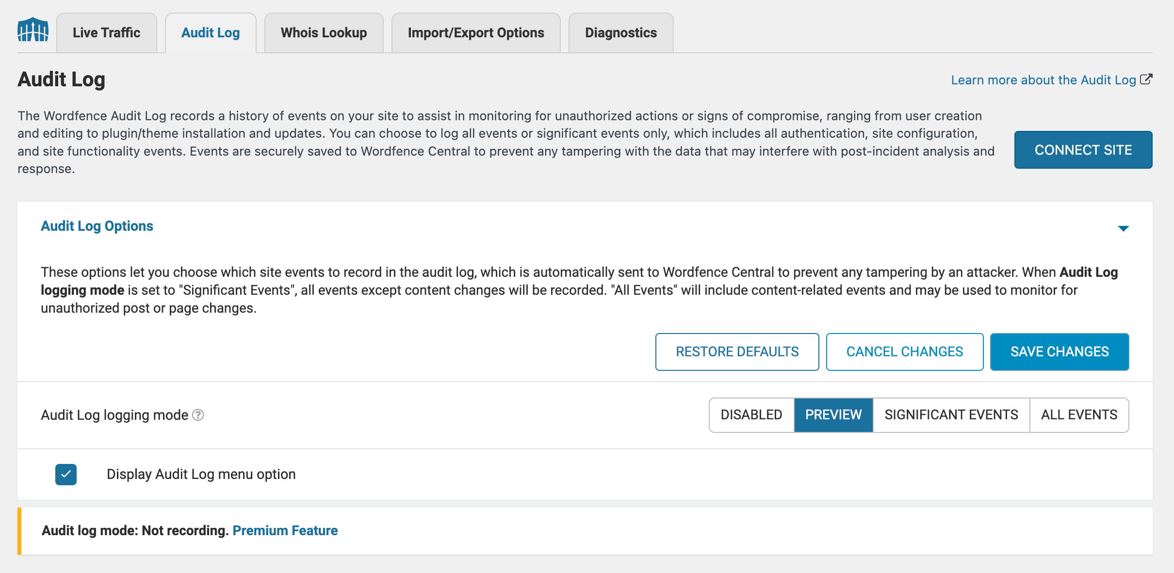 Wordfence Audit Log Tab